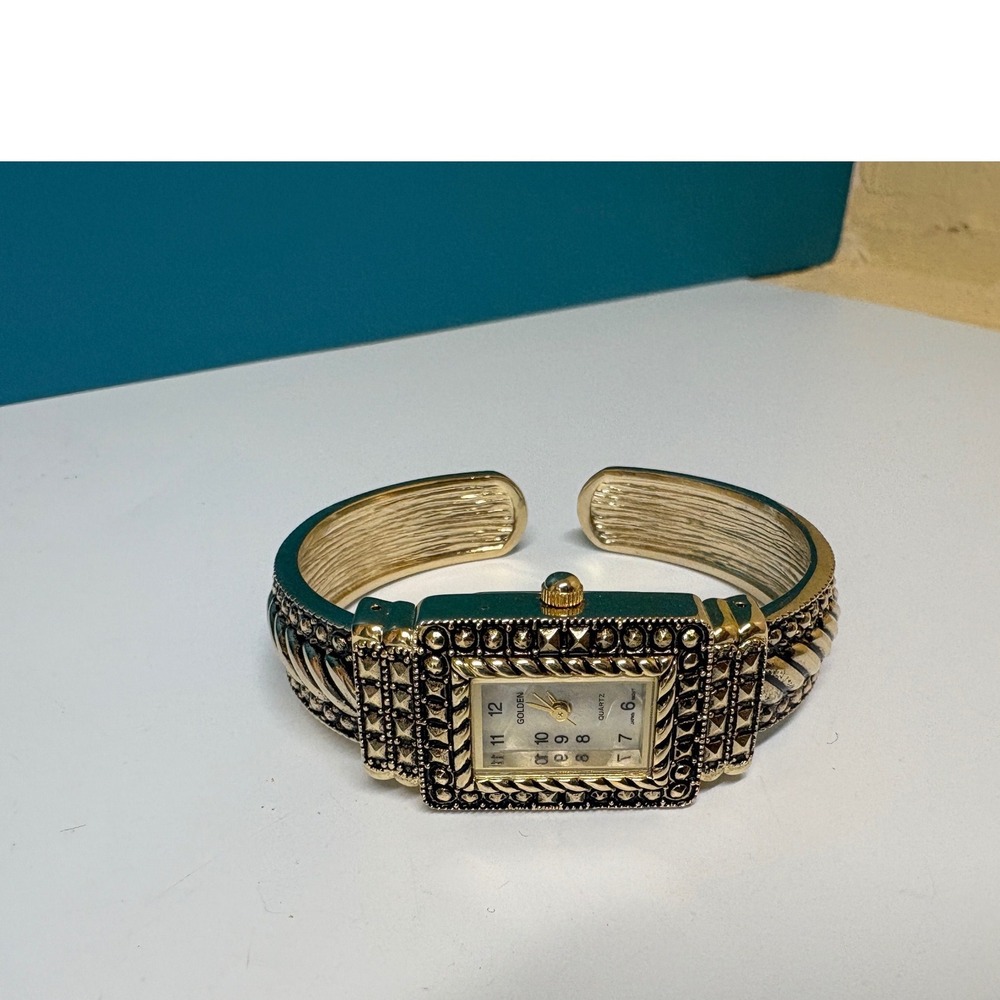 Golden Quartz Cuff Watch Two Tone Ornate Textured Studded Rectangular Face